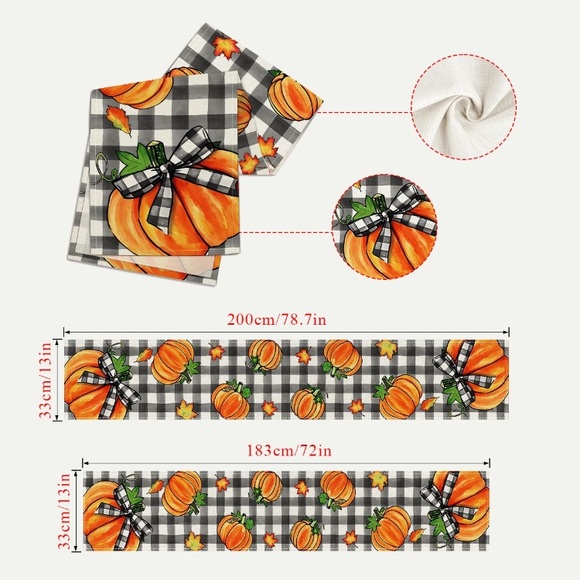NWT- Black & White Buffalo Check Plaid Table Runner w/Orange Pumpkins & 🍁 72x13 - Picture 2 of 7